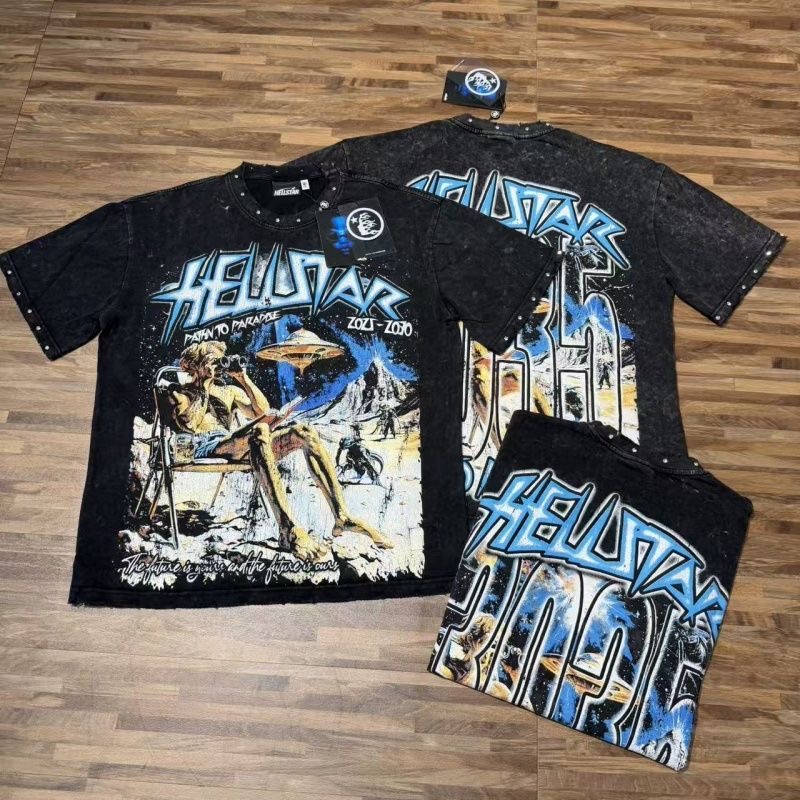 Hellstar "Path to Paradise" Washed Studded UFO Print Short Sleeve T-Shirt