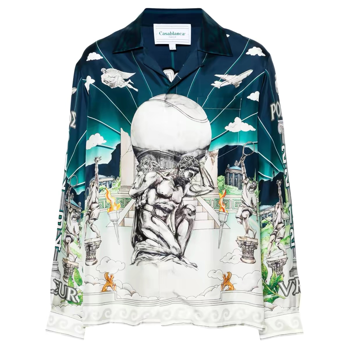 Casablanca "Atlas Tennis" Print Silk Long-Sleeve Camp Collar Shirt