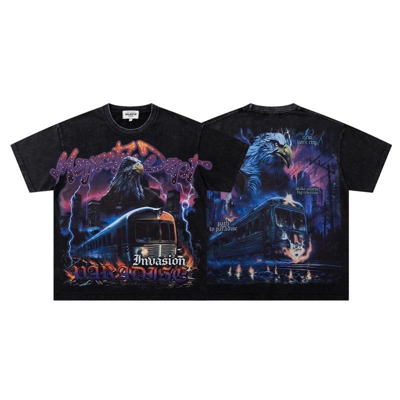 MAJESTIK Dept "Invasion Paradise" Eagle & Train Vintage Washed Double-Sided Graphic T-Shirt