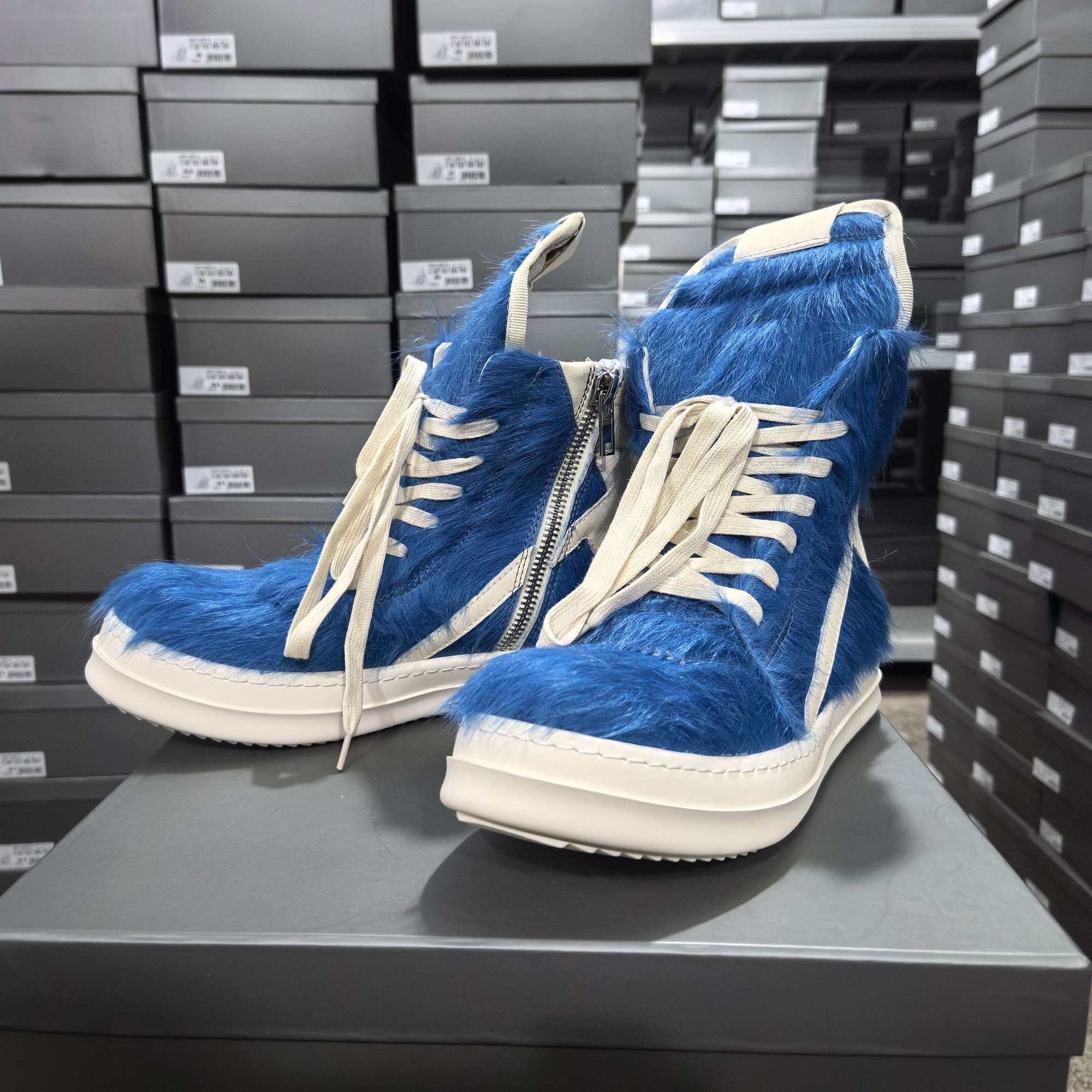Rick Owens Geobasket "Blue Pony Hair & Milk" High-Top Sneakers