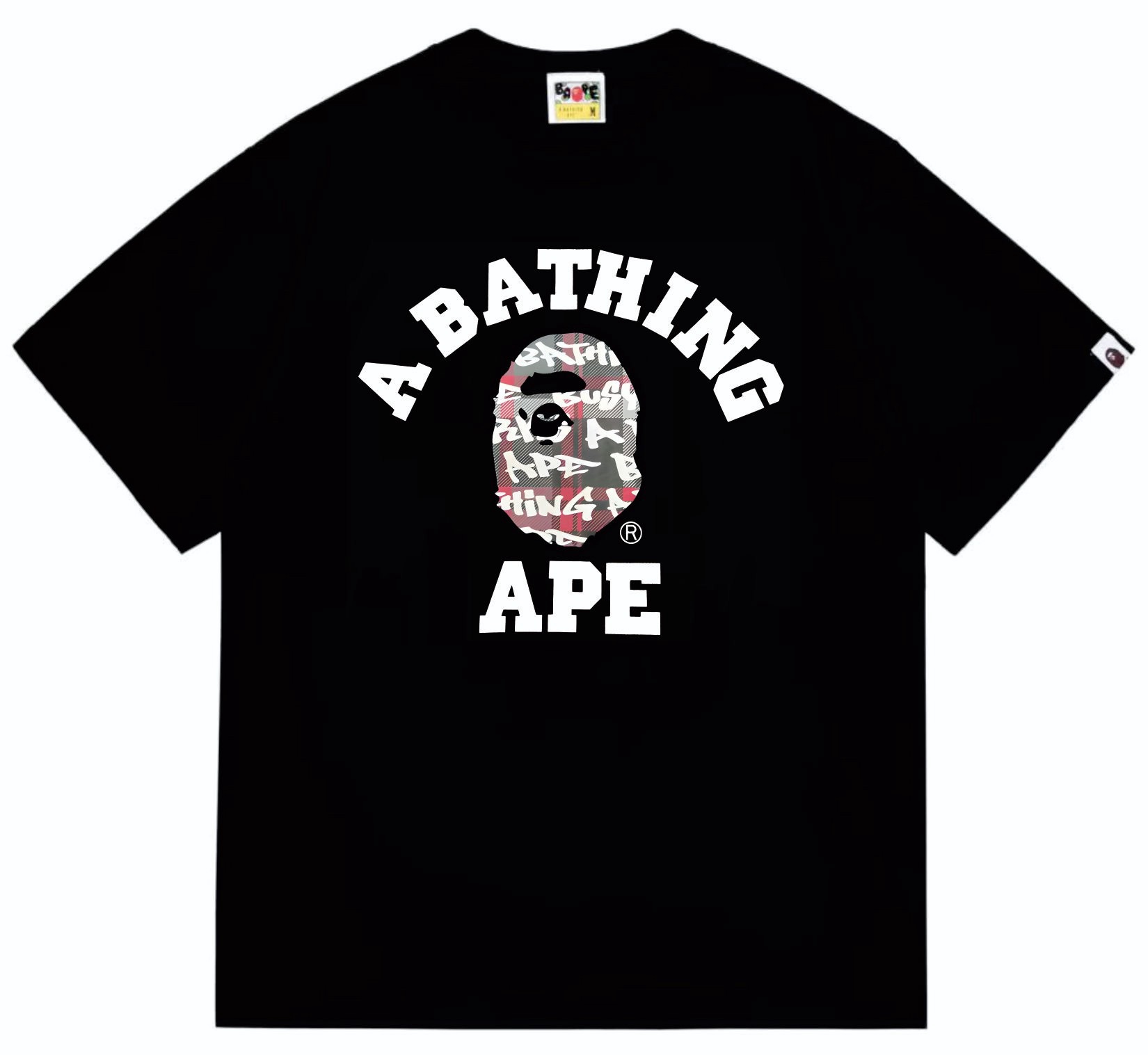 Ape man head letter print doodle plaid short sleeve camo T shirt