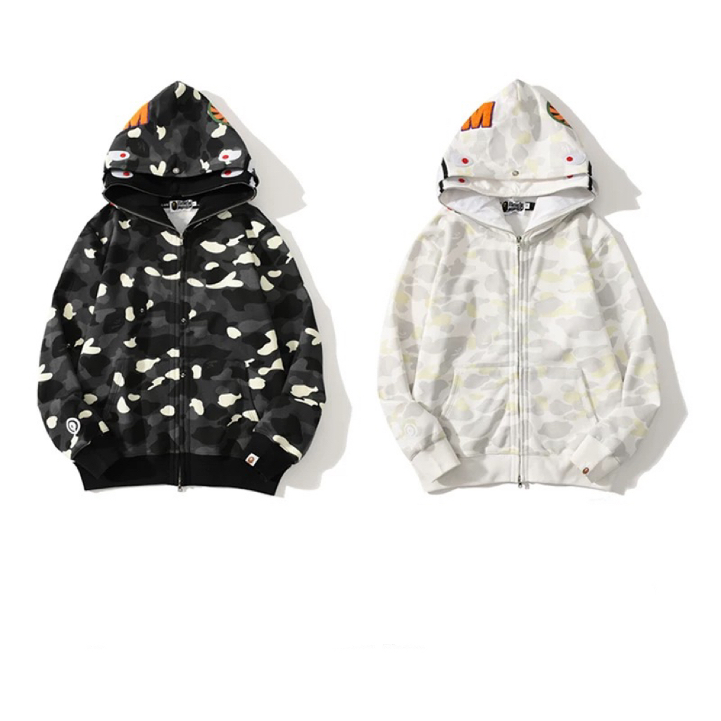 Luminous camo shark face embroidery zip up double hood hoodie