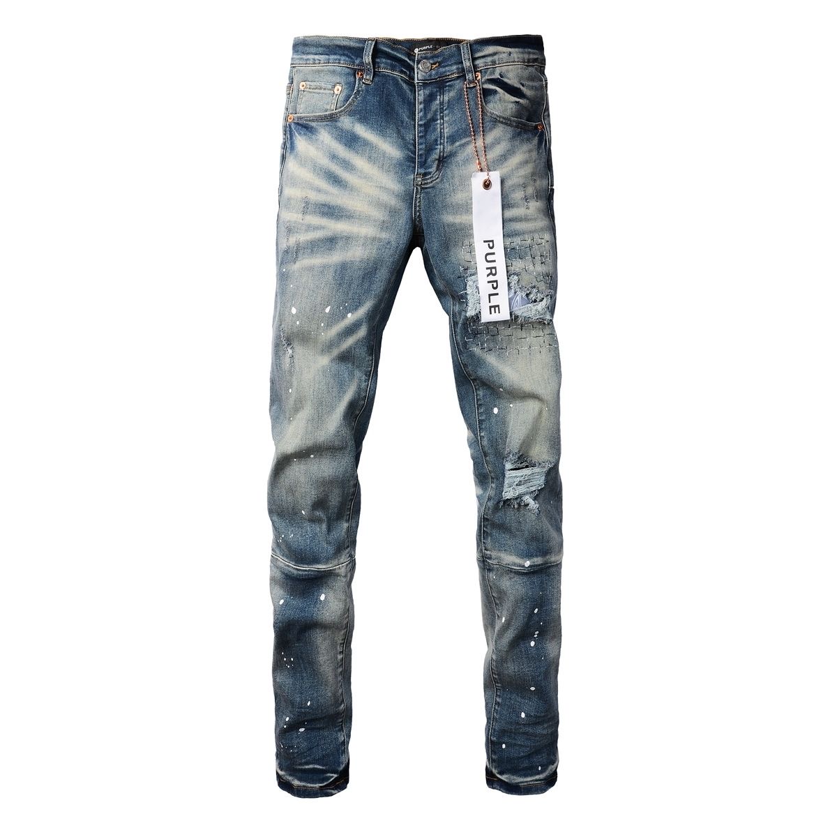 No. 9025 White Paint Spots Ripped Jeans Blue