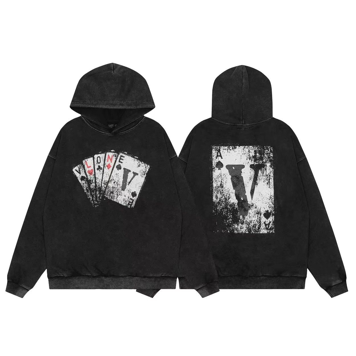 V Letters Poker Hoodie Washed Black