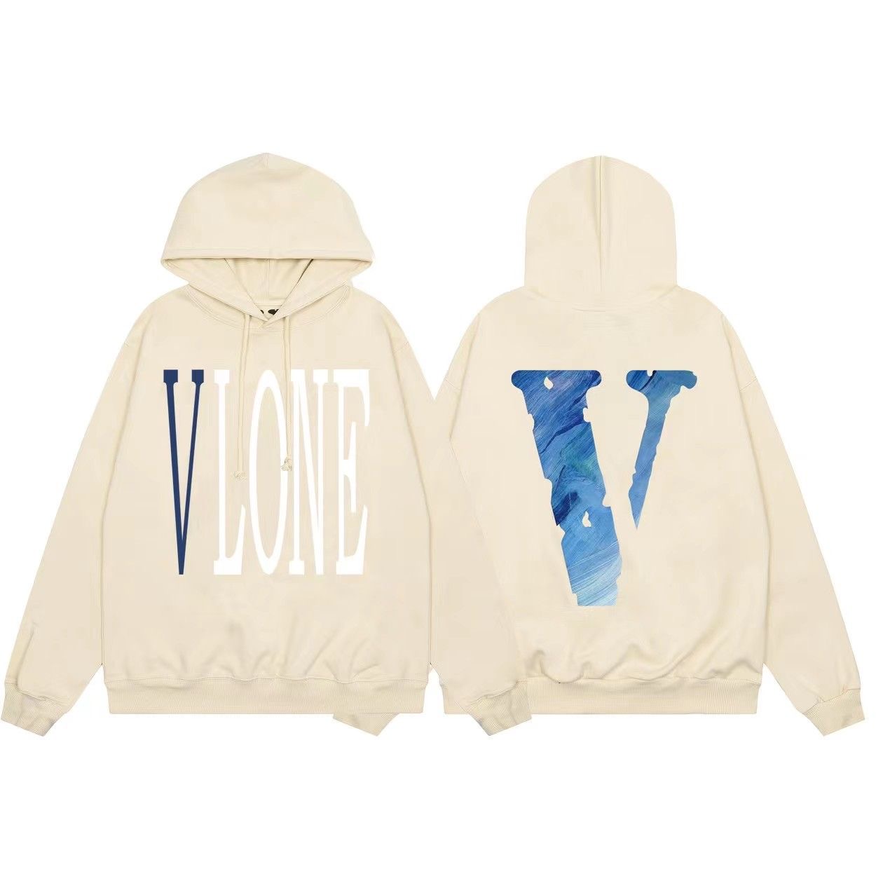 Blue V Letters Hoodie Beige Color