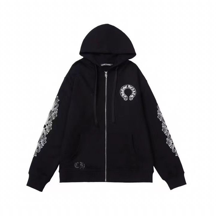Sleeve Pattern Zipper Hoodie Black Color