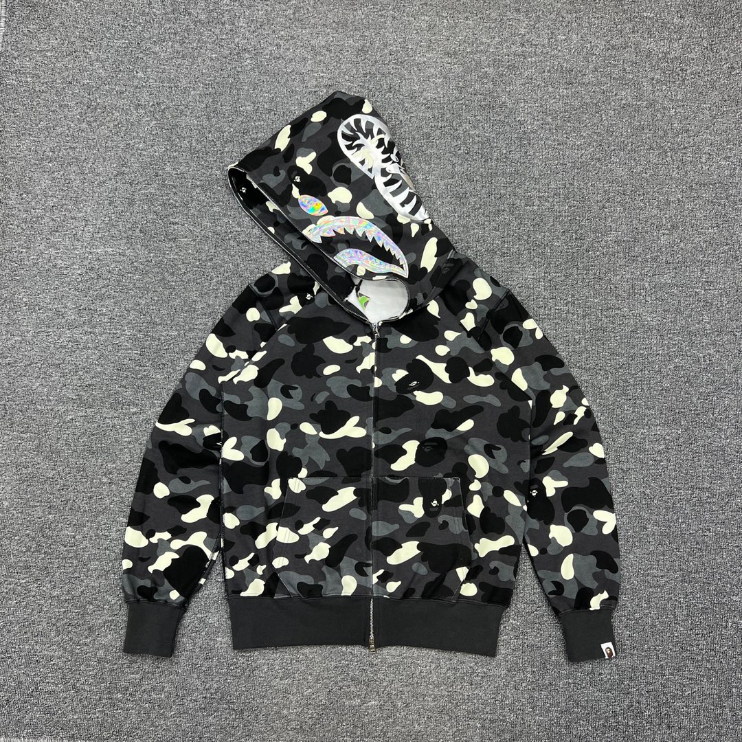 1:1 Best Quality Laser Shark Black Camo Zipper Hoodie