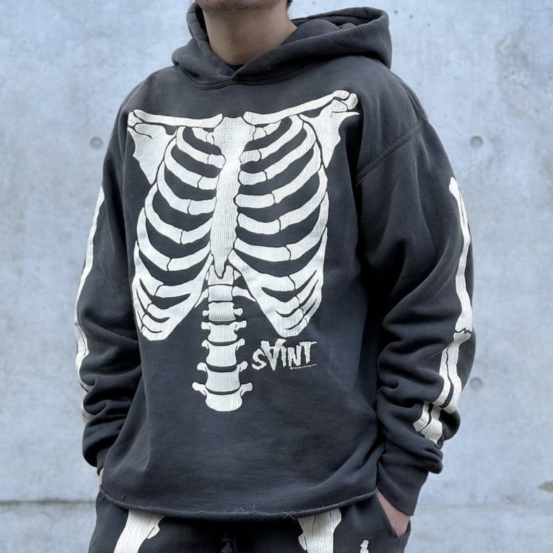 Skull Print Hoodie Washed Black Color