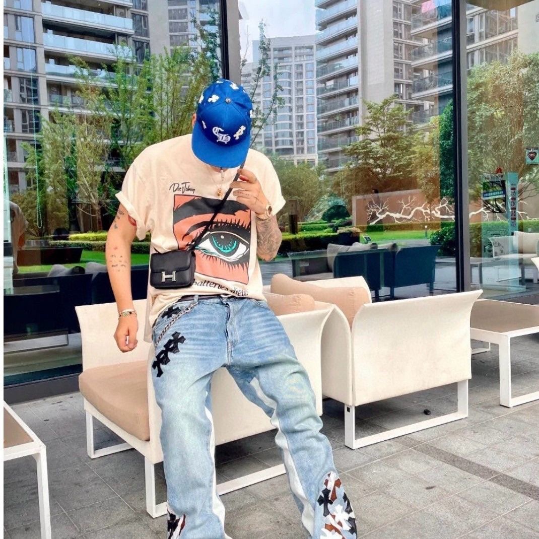 Chrome Heart Flare Pants Design Jeans Blue