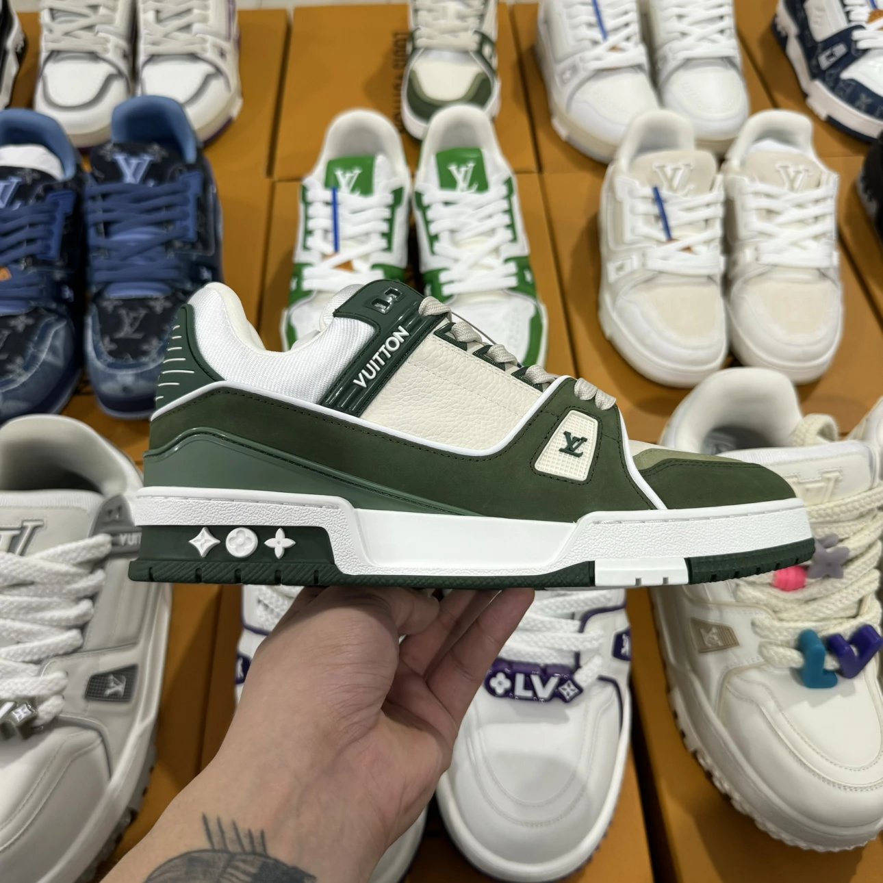 LV Trainer Shoes Olive Color
