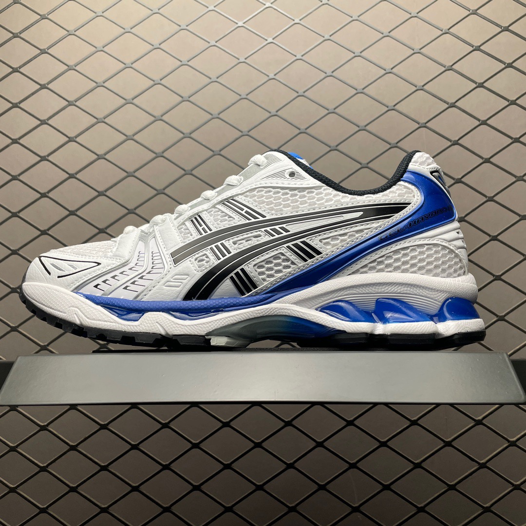 Asics GEL-Kayano 14 white and blue shoes