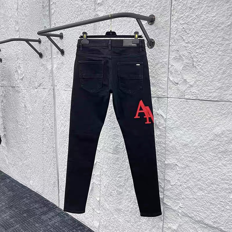 amiri balck and red logo jeans
