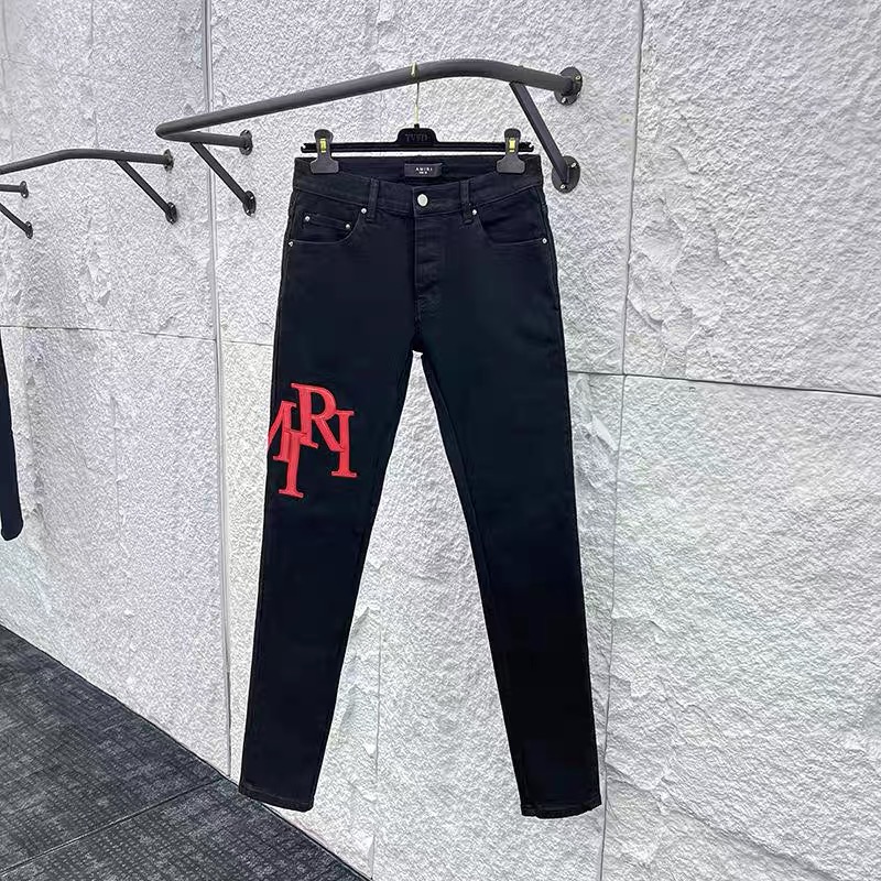 amiri balck and red logo jeans