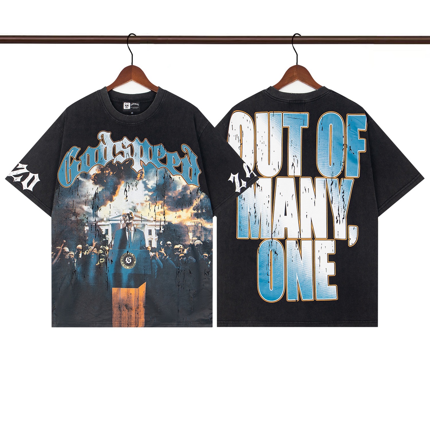 godspeed 25SS washed black blue white letters tee