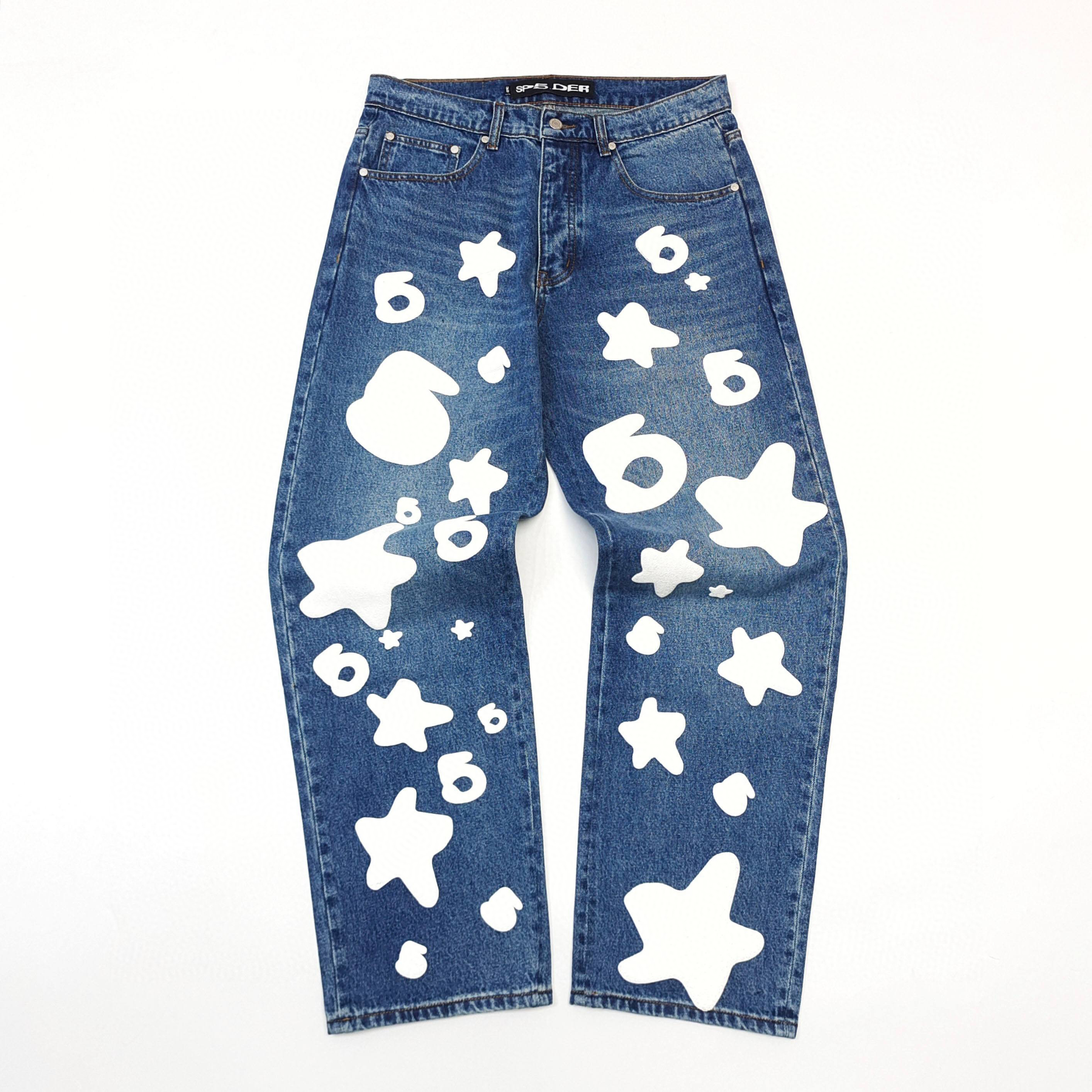 1:1 Best Quality Sp5der White Star Jeans Blue