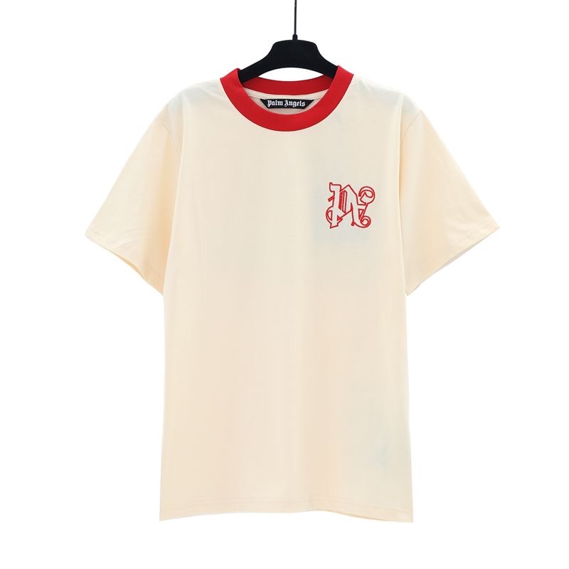 Palm Angels Embroidery Red Logo Tee Beige Color