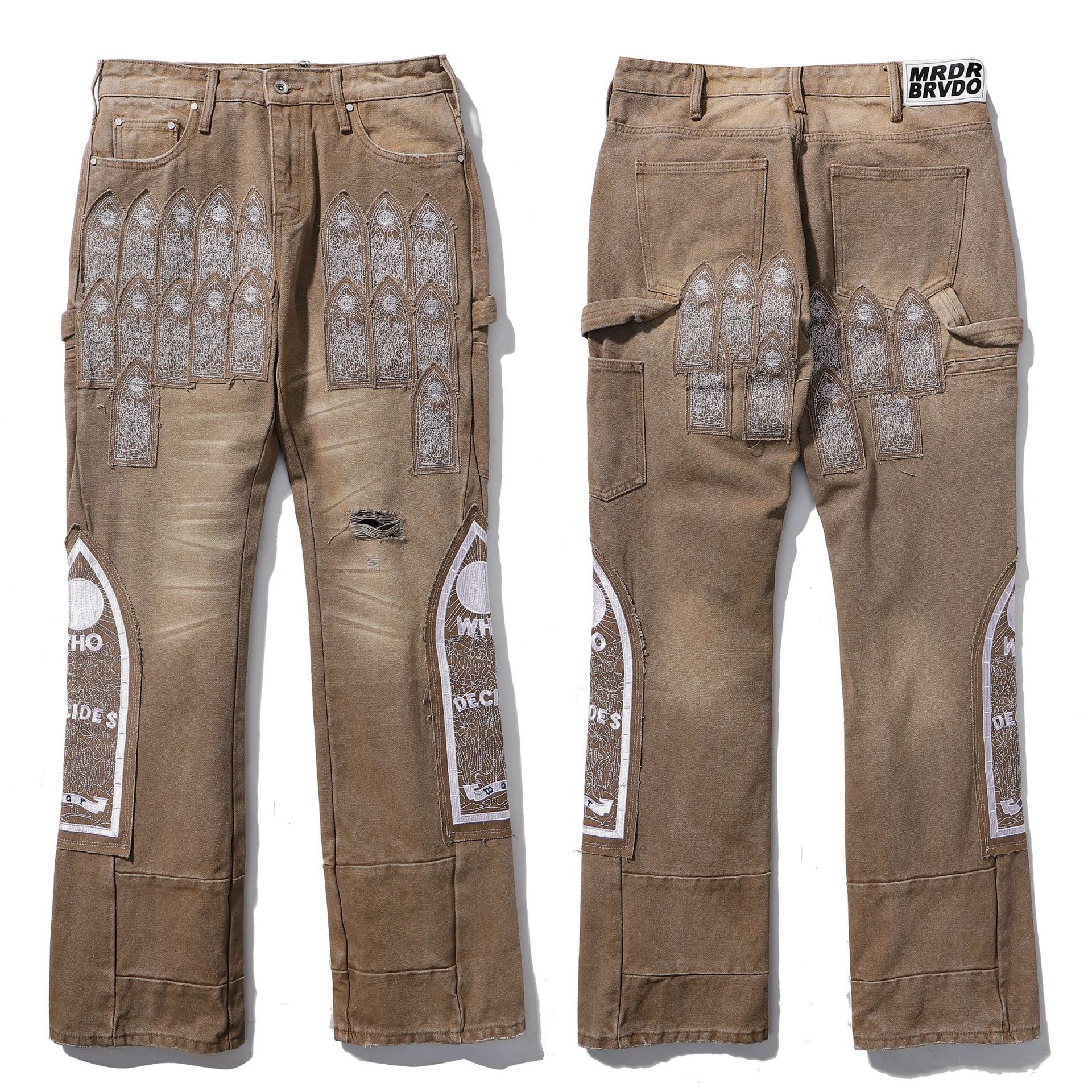 1:1 Best Quality who decides war Heavy craftsmanship Embroidery jeans washed Brown