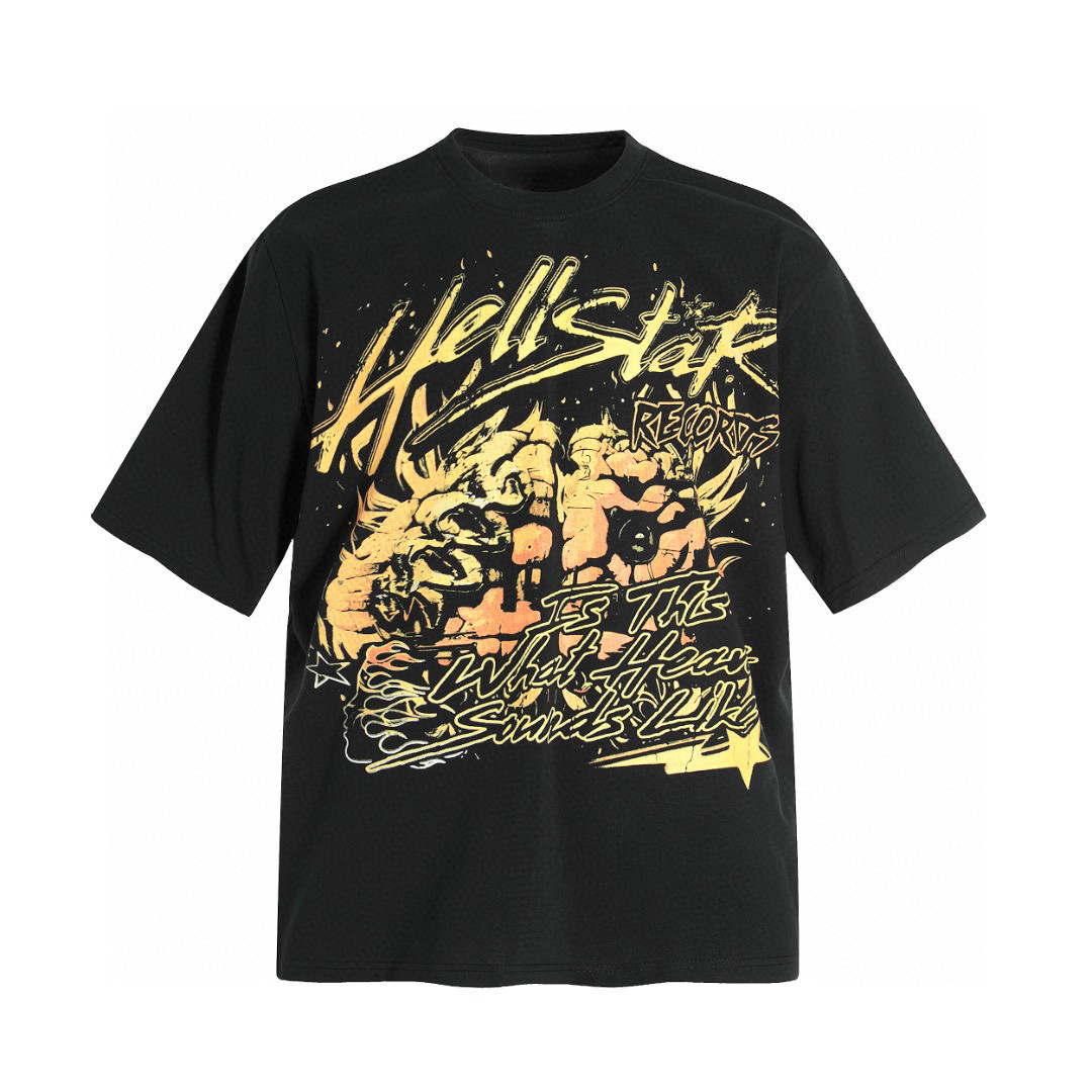 Hellstar Yellow Letters Print Tee Black (need one size up)