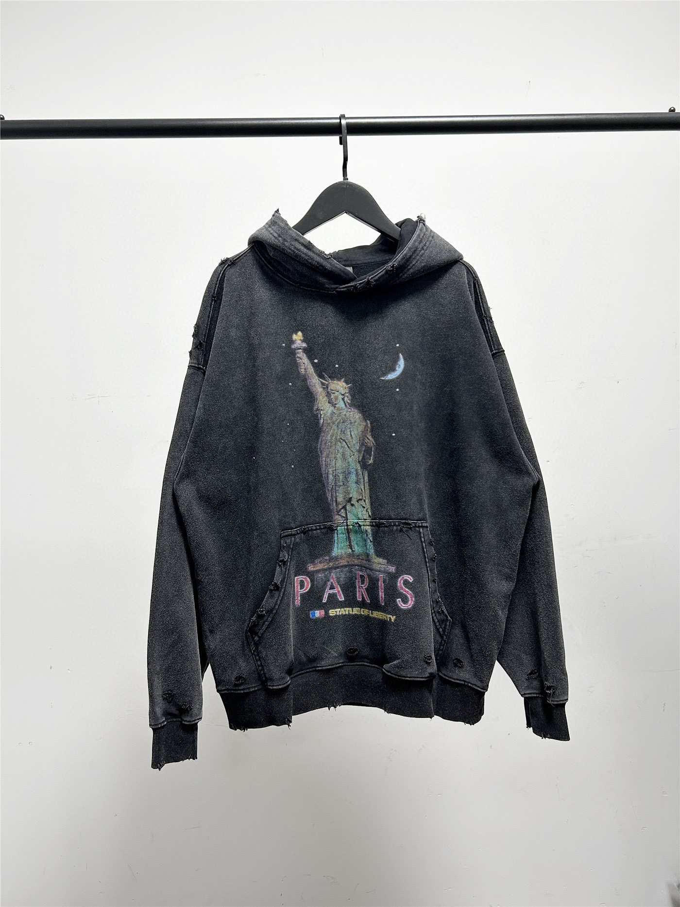 Balenciaga Statue of liberty Printed with hole design Hoodie washed Black