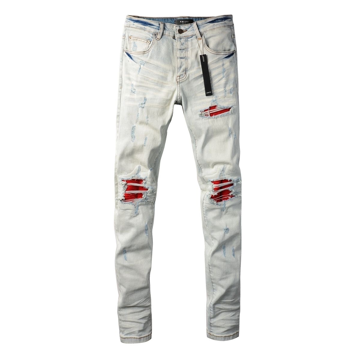 No. 8887 AMIRI Red Hole Jeans in Light Blue Color