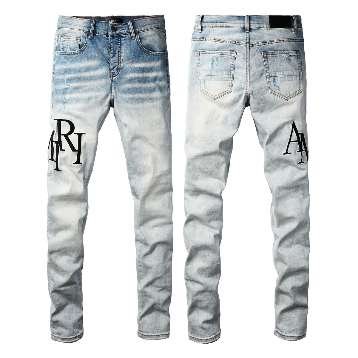 NO. 8910 AMIRI Black Logo Letters Jeans Light Blue Color