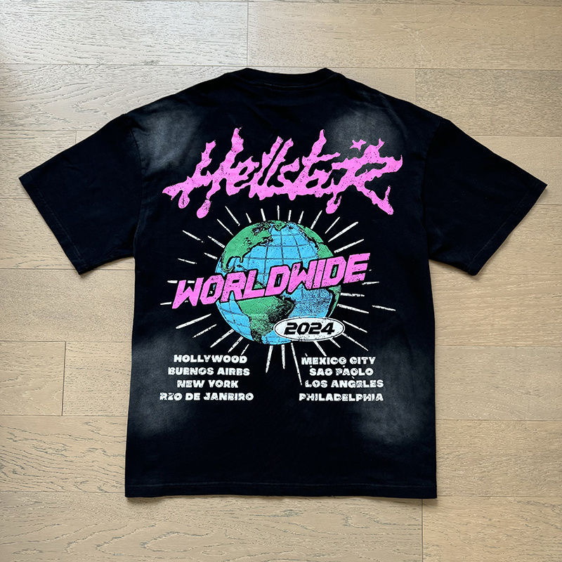 hellstar washed black and pink worldwide tee
