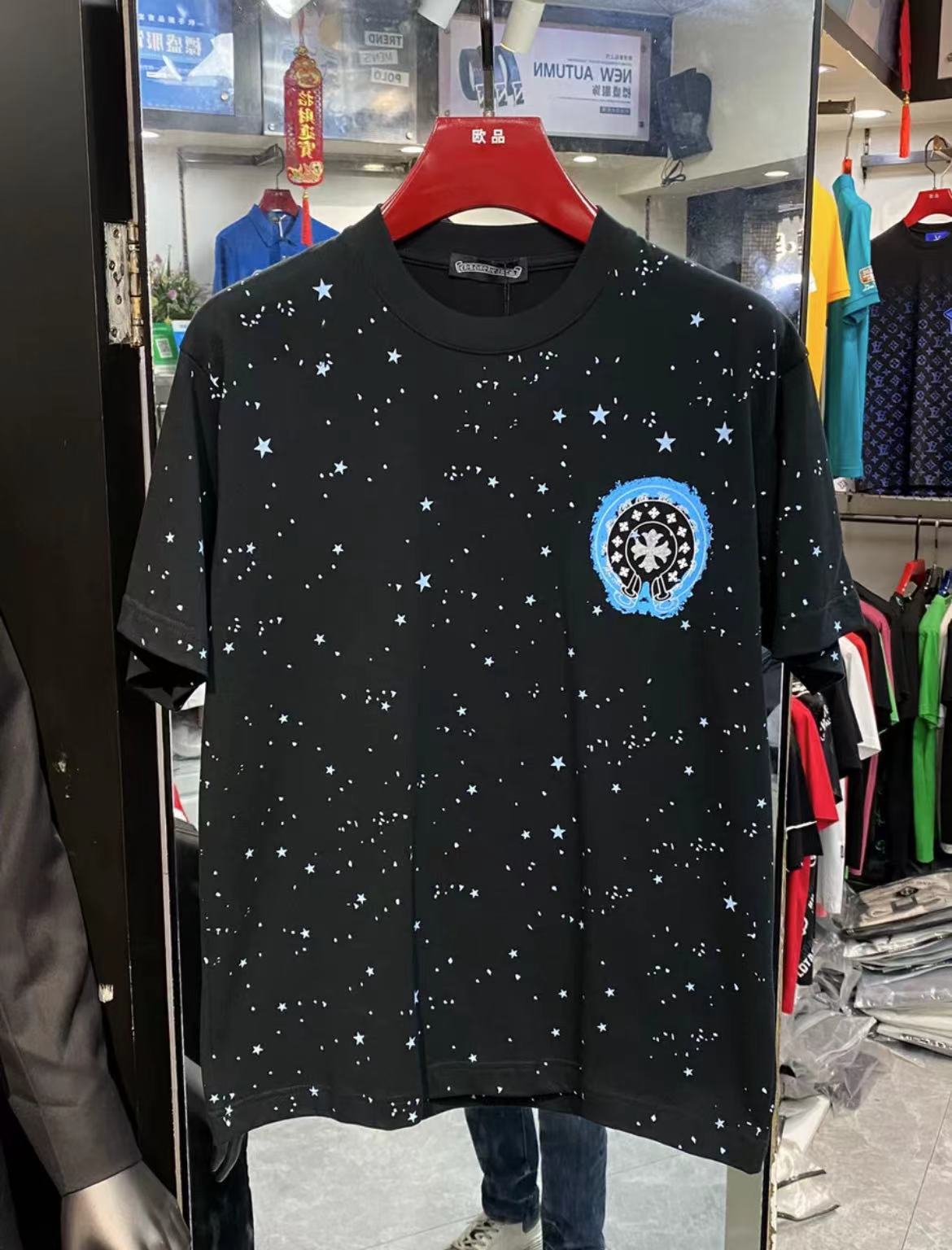 Chrome hearts black and white blue logo full blue star tees