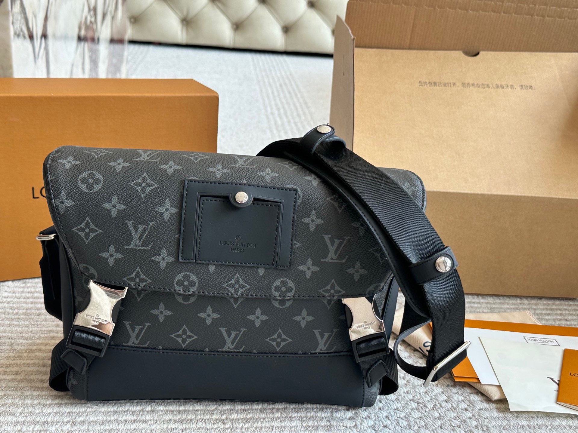 LV Full Print Logo Messenger Bag Black