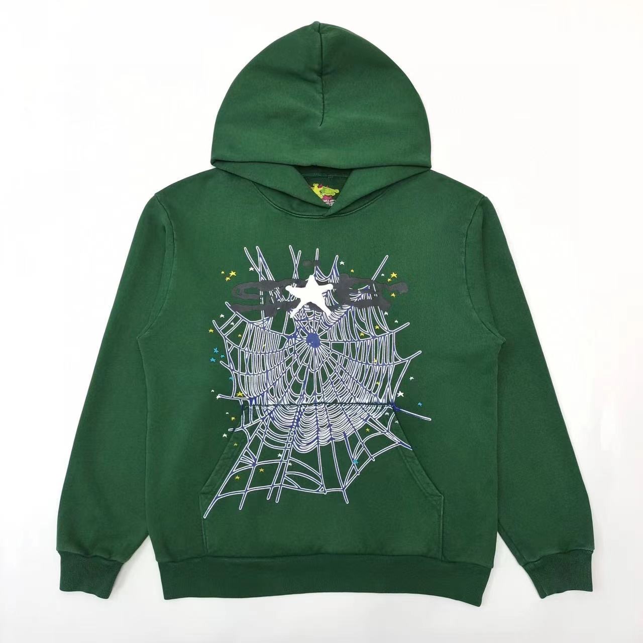 sp5der white star letter logo spider web hoodie dark green