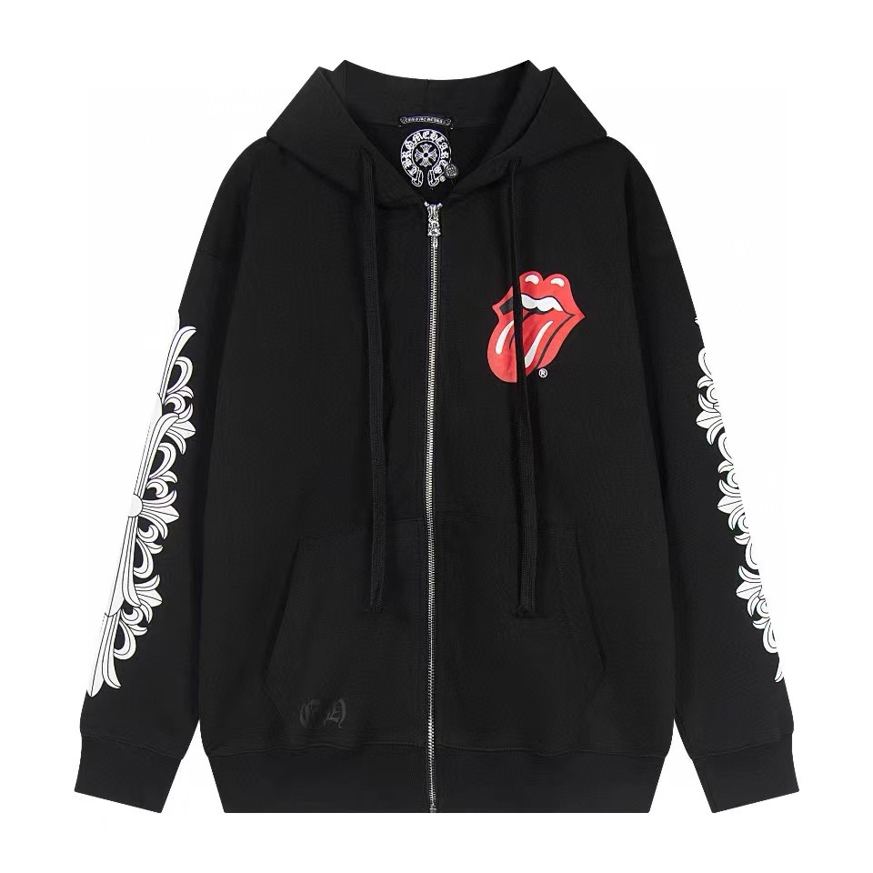 Chrome hearts red tongue zipper hoodie black