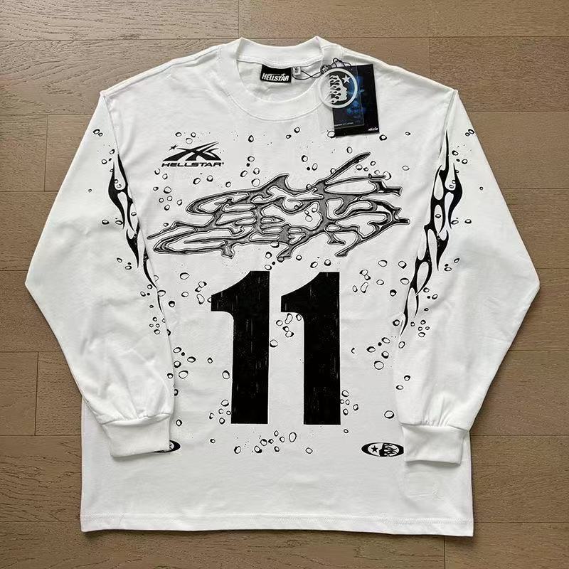 Hell Star Letter Side Face Print American Street Style Pure Cotton Loose Long Sleeve T-shirt