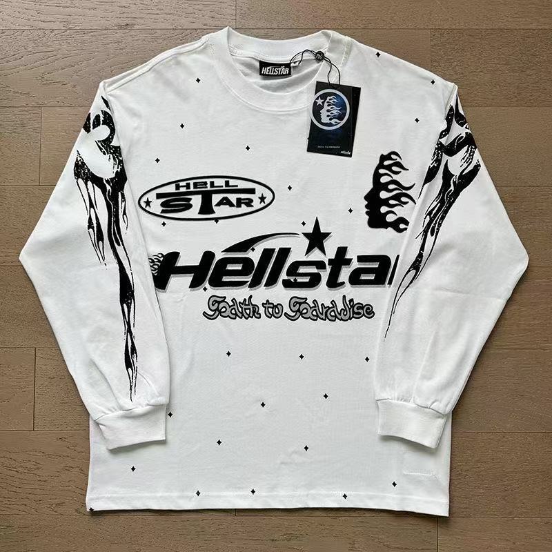 Hell Star Letter Side Face Print American Street Style Pure Cotton Loose Long Sleeve T-shirt