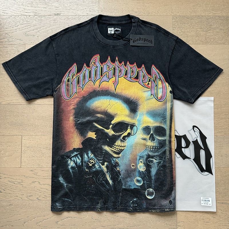 Godspeed Vintage Skull Print Distressed Short Sleeve T-shirt