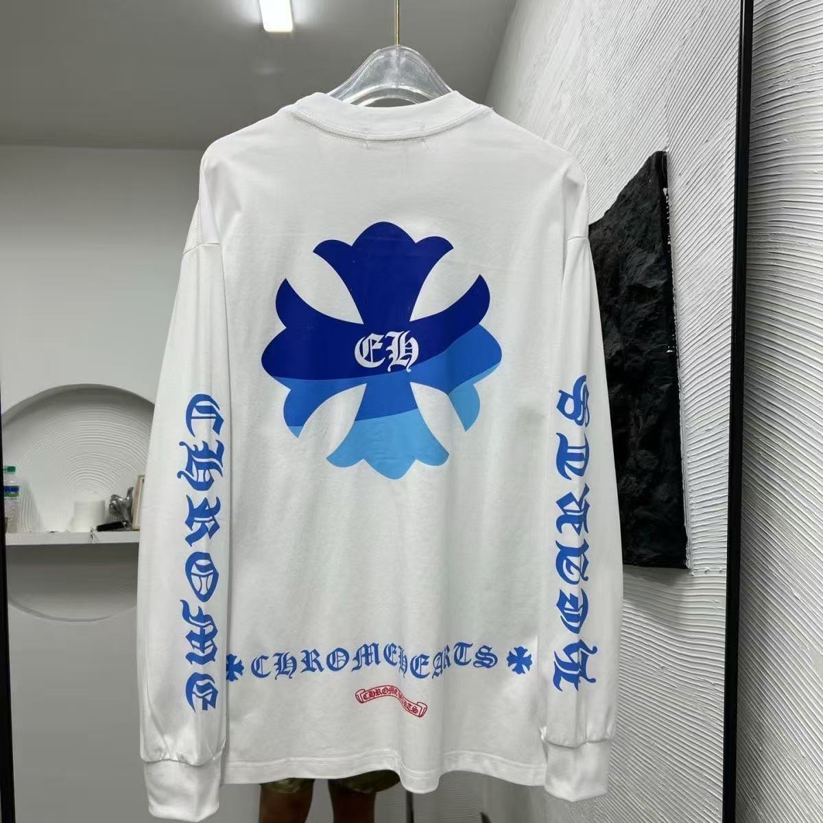 Chrome Heart loose long-sleeved T-shirt with Sanskrit cross and letter print