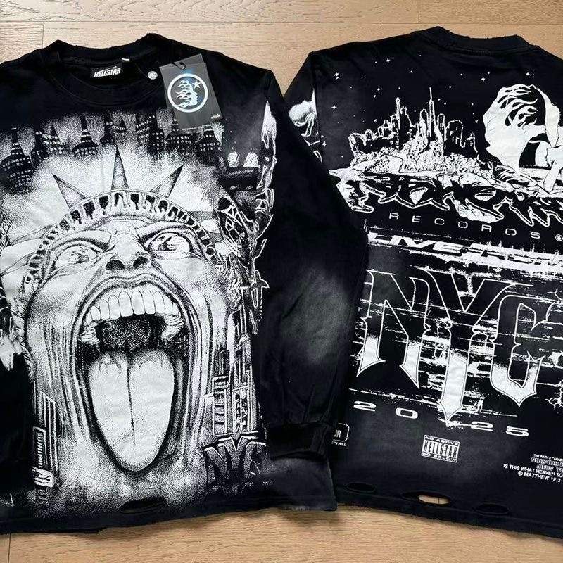 Hellstar vintage cotton long sleeved T-shirt with a loose base for men, washed and worn with water