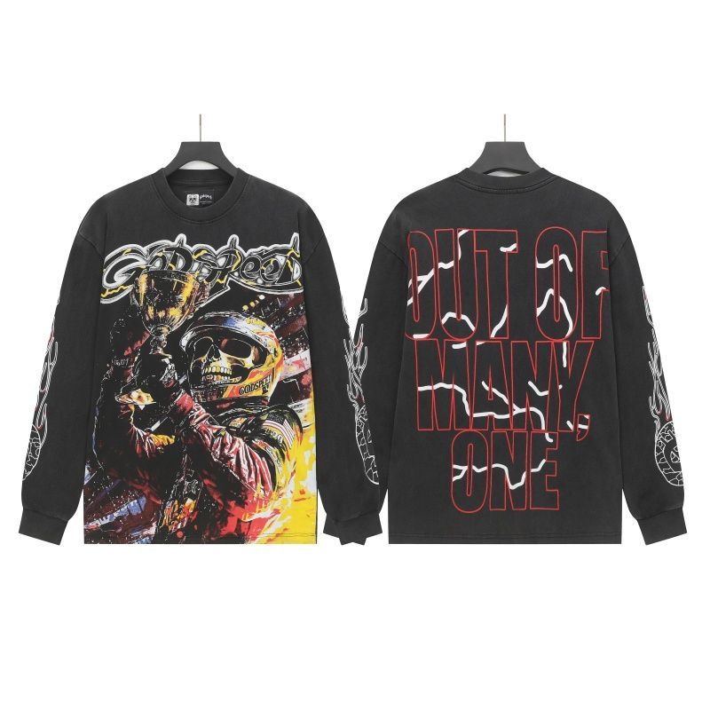 Godspeed Skeleton Racer Trophy Printed Retro Washed Outdated Loose Long Sleeve T-shirt
