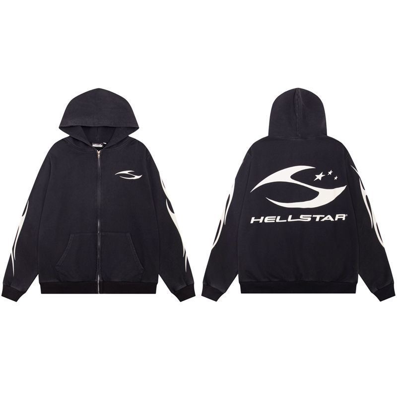 Hellstar Basic Logo Printed Loose Water Washed Foreign Trade Hoodie Sweatshirt Zipper Coat Trendy