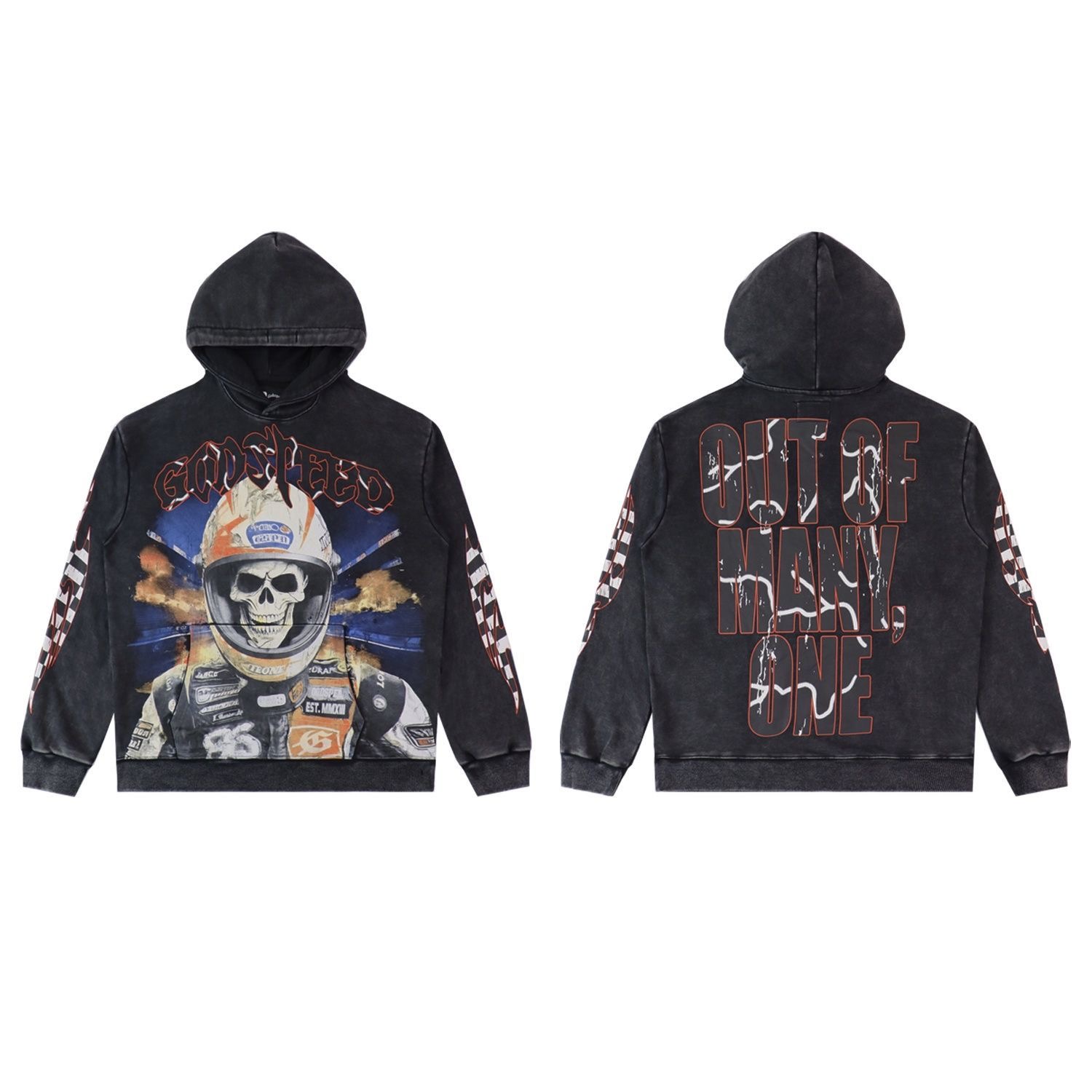 Godspeed Rock Street Retro Skull Print Washed Outdated Hoodie Hoodie