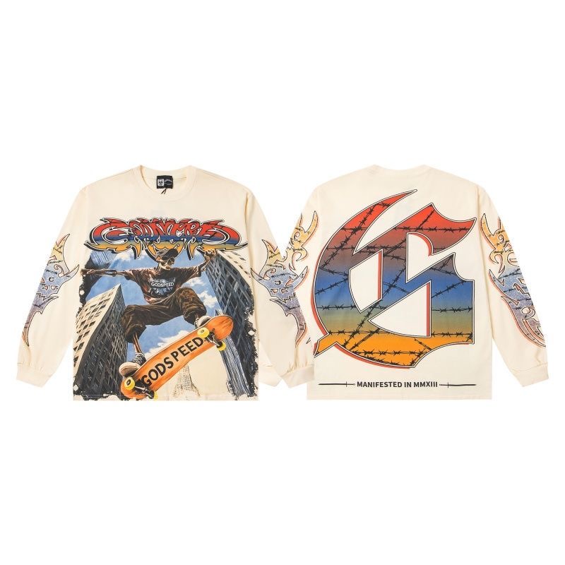 GodSpeed Street Skateboarding Skeleton Retro Printed Washed Outdated Loose Bottom Long Sleeve T-shirt 1,2