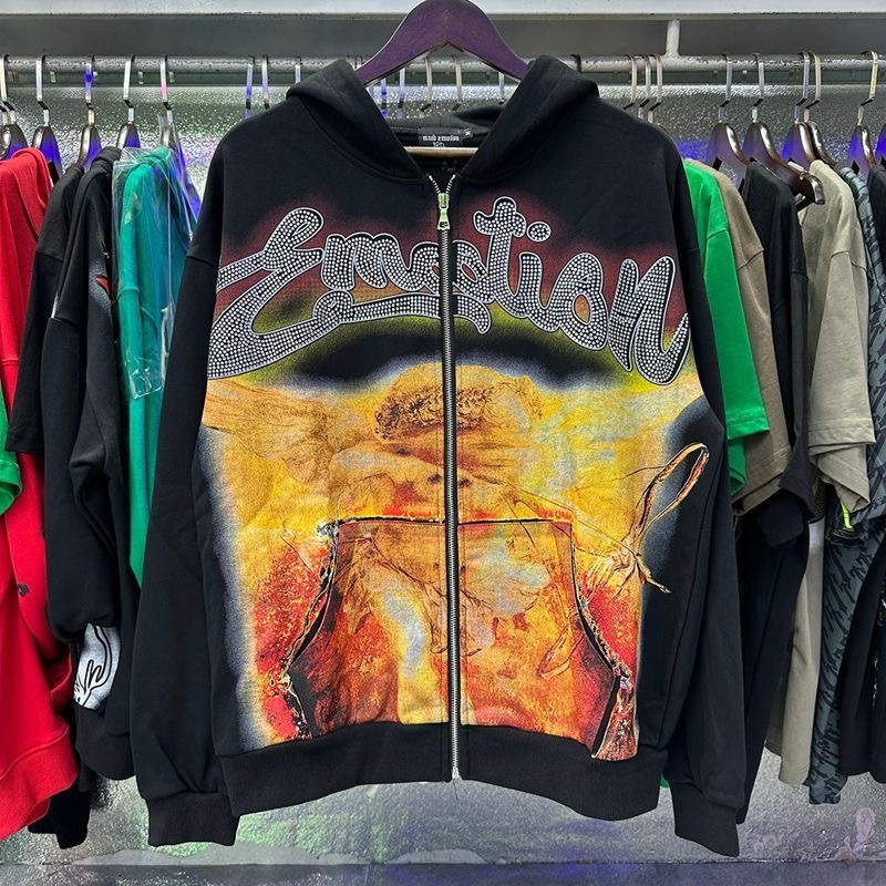 MIXEDEMOTION Retro Letter Hot Diamond Printed Logo American Street Cardigan Hoodie Jacket Trendy