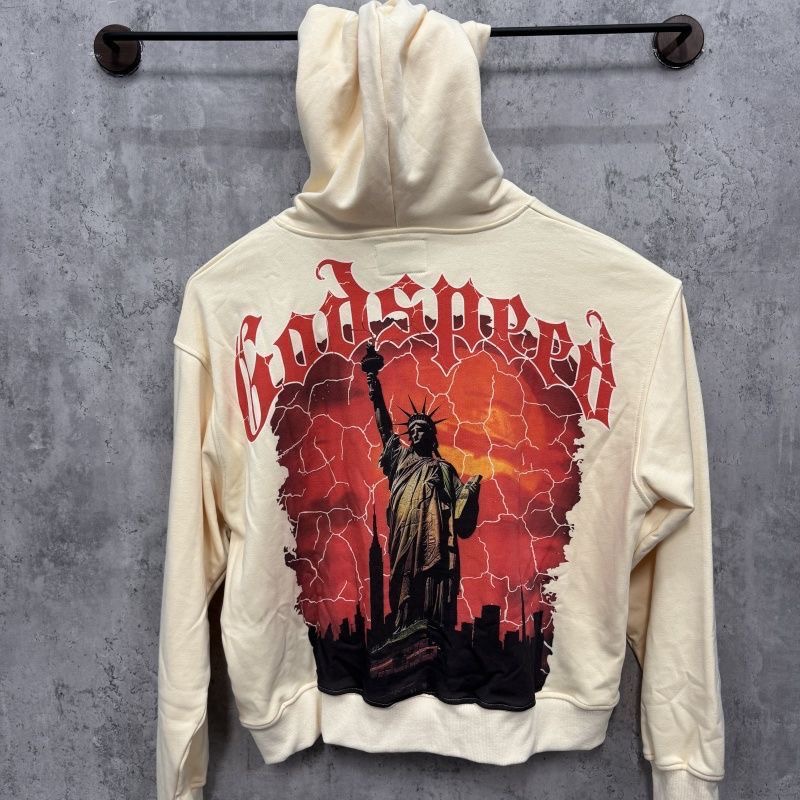 Godspeed, Statue of Liberty, printed, washed, vintage, rock, street, loose hooded sweatshirt