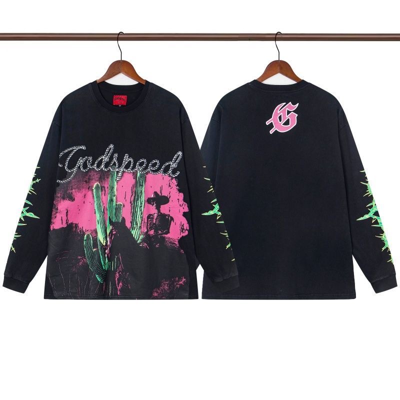 Godspeed Cowboy Skull Print Retro Washed Outdated Cotton Loose Long Sleeve T-shirt