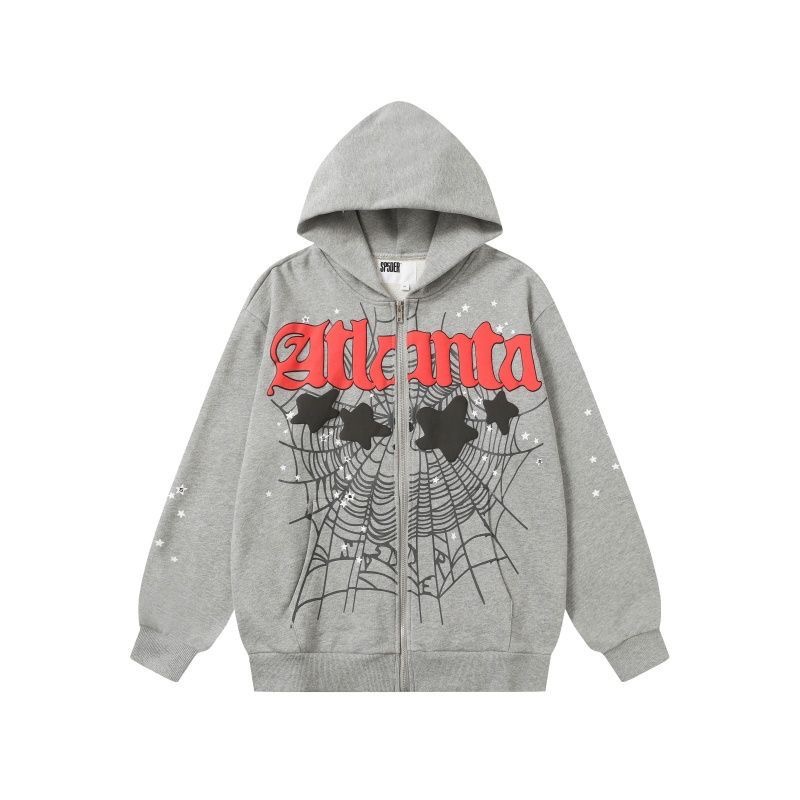 Sp5der spider web letter foam printed hooded sweatshirt with European and American zipper jacket