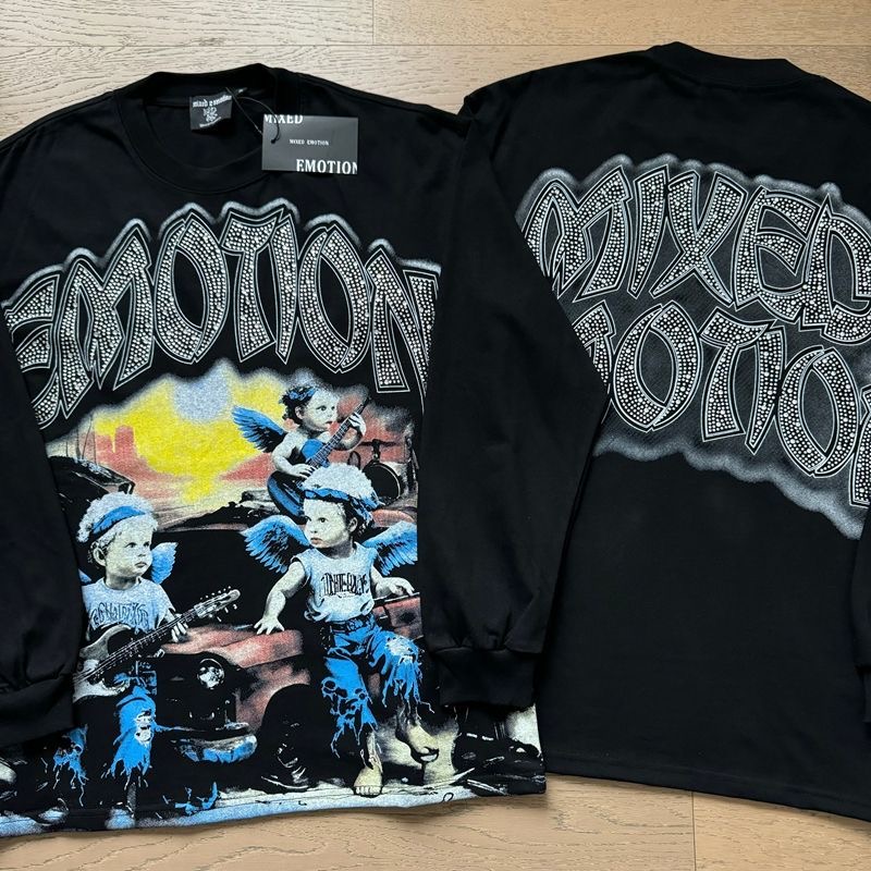 Mixed EMOTION Skull Retro Hot Diamond Long Sleeve T-shirt for Spring and Autumn Men