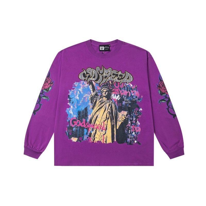 Godspeed Statue of Liberty letter printed long sleeved retro washed couple base shirt