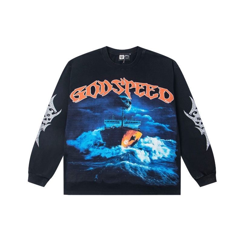 Godspeed ship letter printed long sleeved couple round neck base shirt
