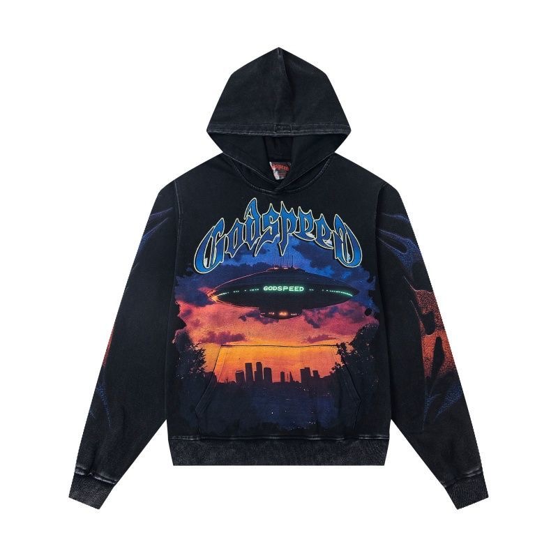 Godspeed American Street UFO Letter Printed Hoodie Retro Couple Woolen Hoodie