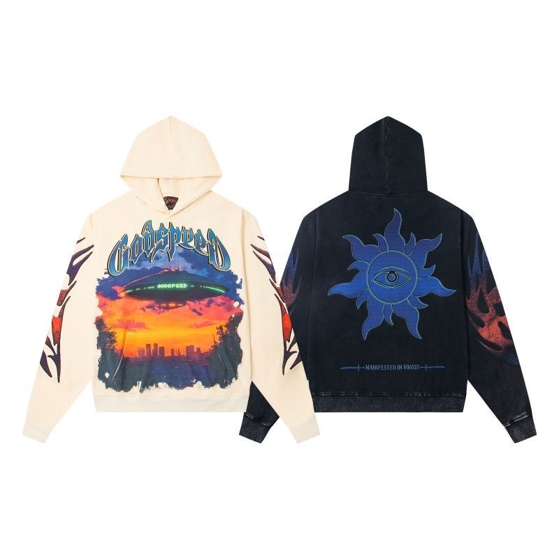 Godspeed American Street UFO Letter Printed Hoodie Retro Couple Woolen Hoodie
