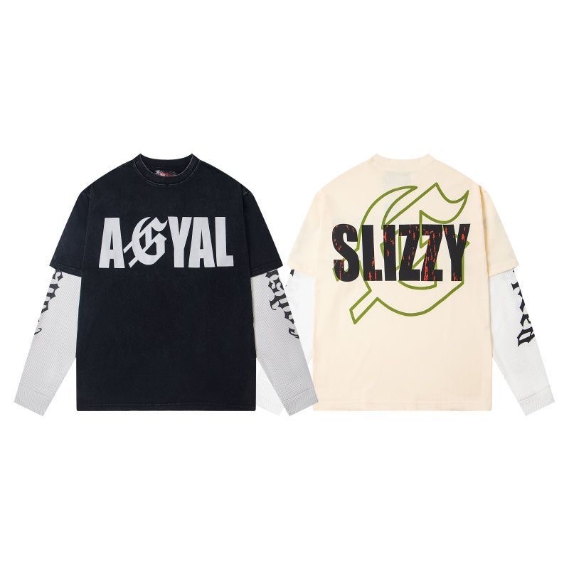 GodSpeed European and American letter printed patchwork couple waffle long sleeved T-shirt