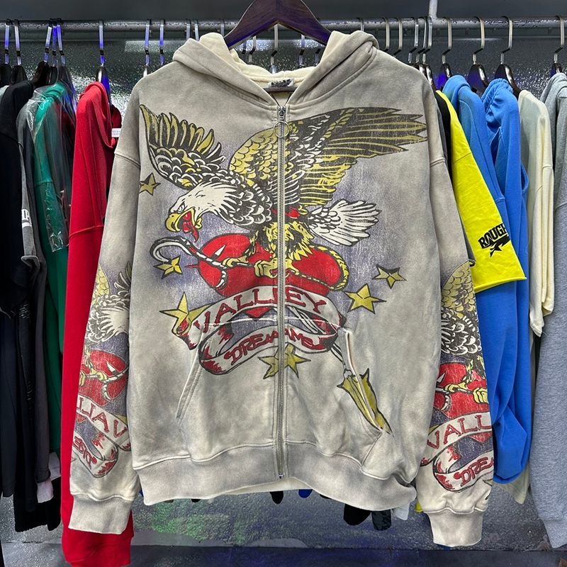 Vale Eagle print vintage washed water vintage cardigan hooded sweatshirt jacket